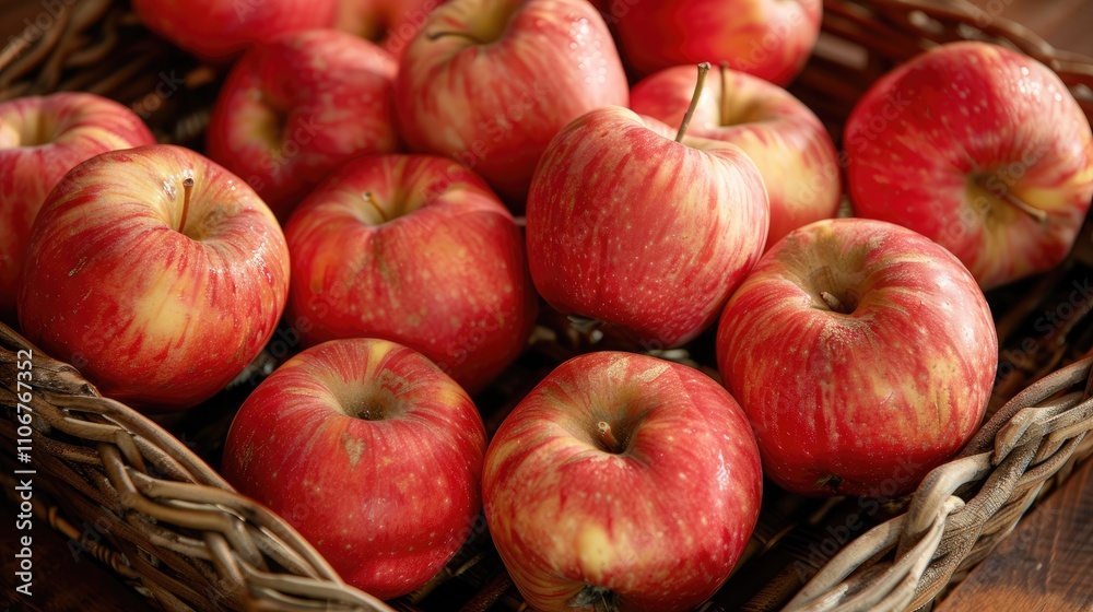 Fresh apples on table in wicker tray Fresh apples on table in wicker tray