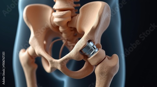 Detailed Medical Illustration of Human Pelvic Bone and Artificial Hip Joint photo