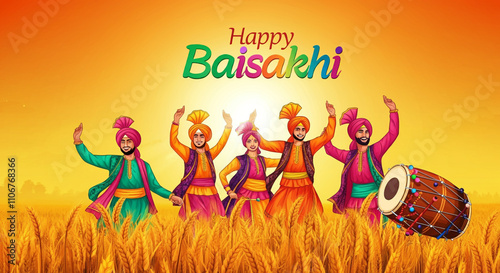 A colorful Baisakhi celebration scene featuring Punjabi dancers in vibrant traditional attire, performing amidst a golden wheat field to mark the harvest festival