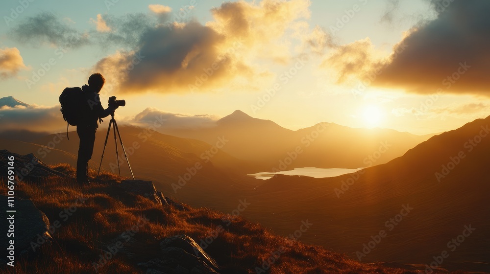 A silhouette of a photographer capturing a sunset over mountains and a lake. A silhouette of a photographer capturing a sunset over mountains and a lake.