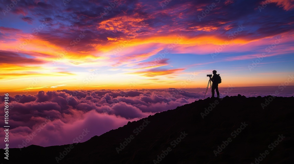 A silhouette of a photographer capturing a vibrant sunset above the clouds. A silhouette of a photographer capturing a vibrant sunset above the clouds.