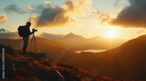 A silhouette of a photographer capturing a sunset over mountains and a lake.