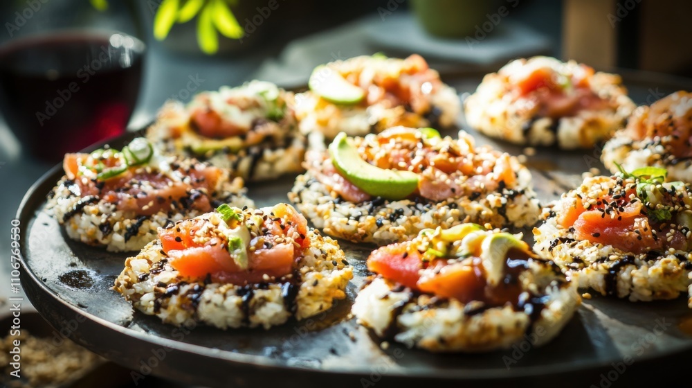 A tempting sushi pizza platter featuring crispy rice topped with spicy tuna, eel, and avocado A tempting sushi pizza platter featuring crispy rice topped with spicy tuna, eel, and avocado
