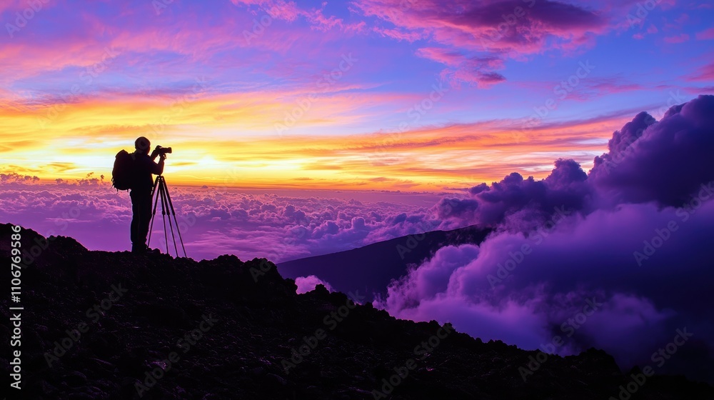 A silhouette of a photographer capturing a vibrant sunset over clouds. A silhouette of a photographer capturing a vibrant sunset over clouds.