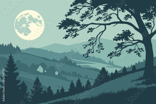Full moon somewhere in central   Bohemia  vector illustration 