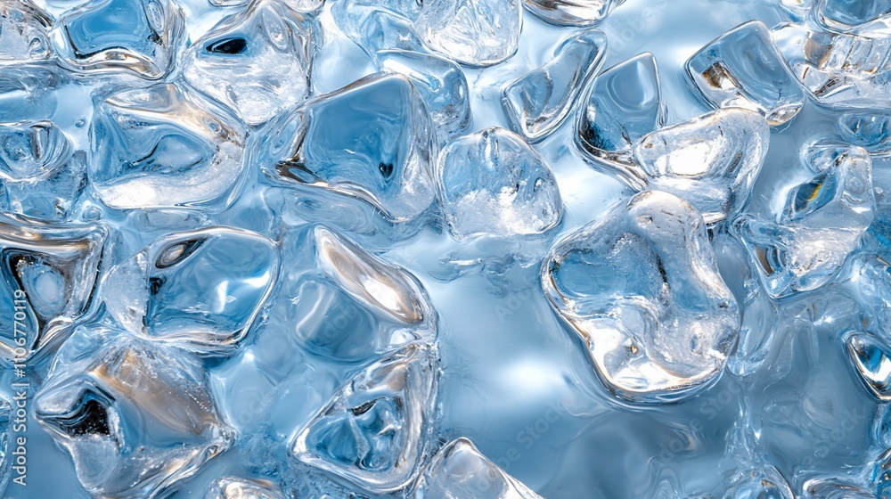 Close-up view of many ice cubes, reflecting light in various shades of blue and clear. Close-up view of many ice cubes, reflecting light in various shades of blue and clear.