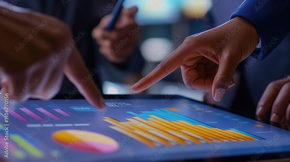 Fototapeta premium Group analyzing data on a tablet screen with graphs and charts.