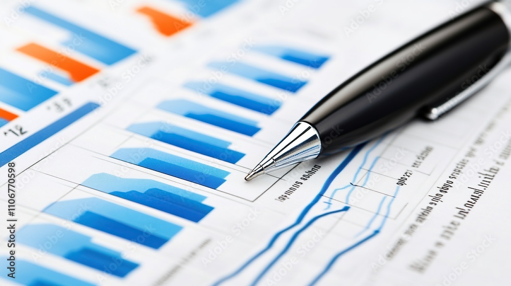 A close-up of a financial report with graphs and a pen for analysis. A close-up of a financial report with graphs and a pen for analysis.