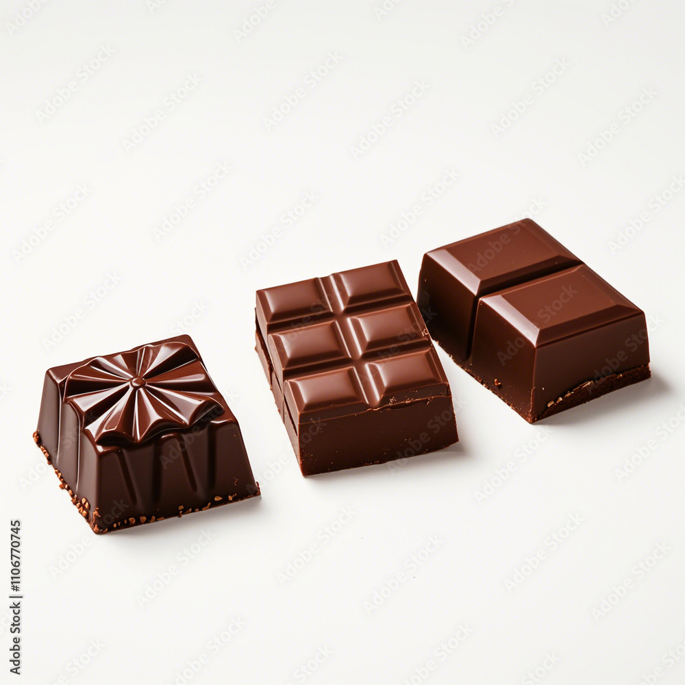Big chocolate and small ones are each split into three parts isolated on white background Big chocolate and small ones are each split into three parts isolated on white background