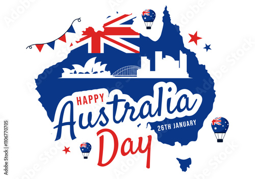 Happy Australia Day Vector Illustration Celebrating 26 January, Featuring a Map and a Waving Australian Flag in a Background for a National Holiday