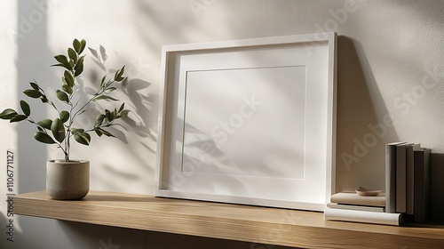 Blank white frame mockup on wooden shelf with plant and books.