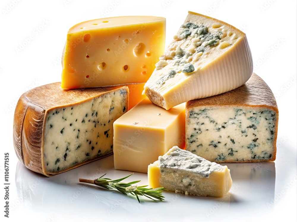 Four Cheeses Isolated on White Background - Gourmet Cheese, Low Light Photography, Artisan Cheese Platter, Delicious Dairy, Cheese Lovers Four Cheeses Isolated on White Background - Gourmet Cheese, Low Light Photography, Artisan Cheese Platter, Delicious Dairy, Cheese Lovers