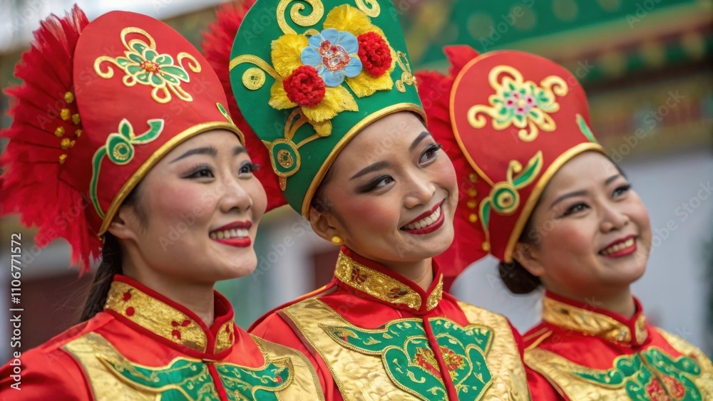 Traditional Costumes A closeup of dancers wearing traditional outfits featuring intricate embroidery and bright fabrics in hues of red gold and green. Each costume is adorned with Traditional Costumes A closeup of dancers wearing traditional outfits featuring intricate embroidery and bright fabrics in hues of red gold and green. Each costume is adorned with