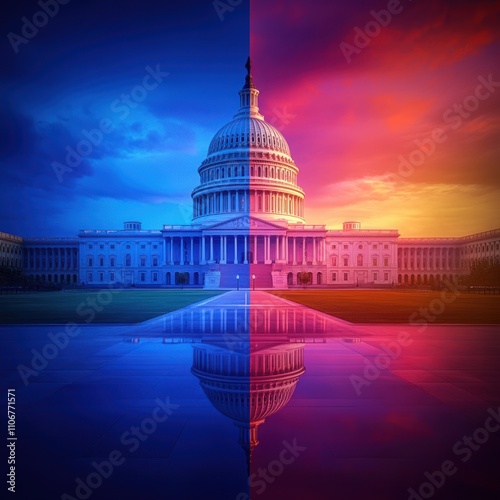 US Capitol Building Split in Red and Blue Gradient Lighting and Exterior at Dusk with Blurred Background - High Resolution Realistic Style Photo