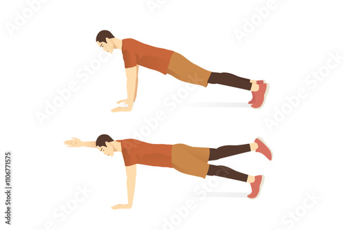 Man doing bird dog exercise to train core muscle in 2 step. Illustration about workout posture for six pack.
