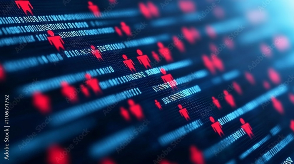 Abstract glowing red and blue binary code on a dark background symbolizing cyber security, data flow, and the complexity of digital networks in the modern age Abstract glowing red and blue binary code on a dark background symbolizing cyber security, data flow, and the complexity of digital networks in the modern age