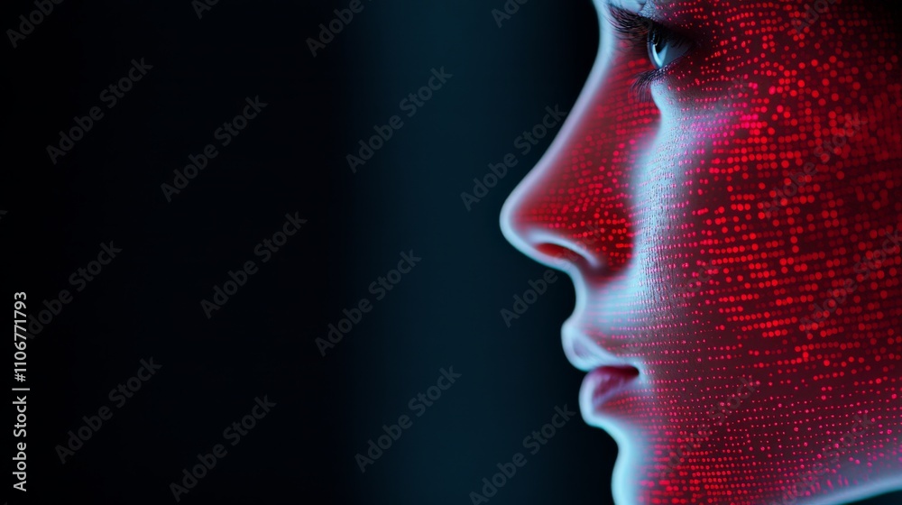 Macro view of human face rendered with glowing red particles on a black background, symbolizing data visualization, artificial intelligence, and advanced digital art Macro view of human face rendered with glowing red particles on a black background, symbolizing data visualization, artificial intelligence, and advanced digital art