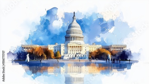 US Capitol Building in Watercolor Digital Art Style - Detailed, Hyperrealistic Wide-Angle View with People, Trees and Reflections