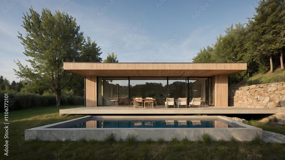 Modern House with luxury hotel style and country-inspired interior, featuring minimalist design, natural materials, and serene settings, perfect for high-end stock (AI GEN) Modern House with luxury hotel style and country-inspired interior, featuring minimalist design, natural materials, and serene settings, perfect for high-end stock (AI GEN)
