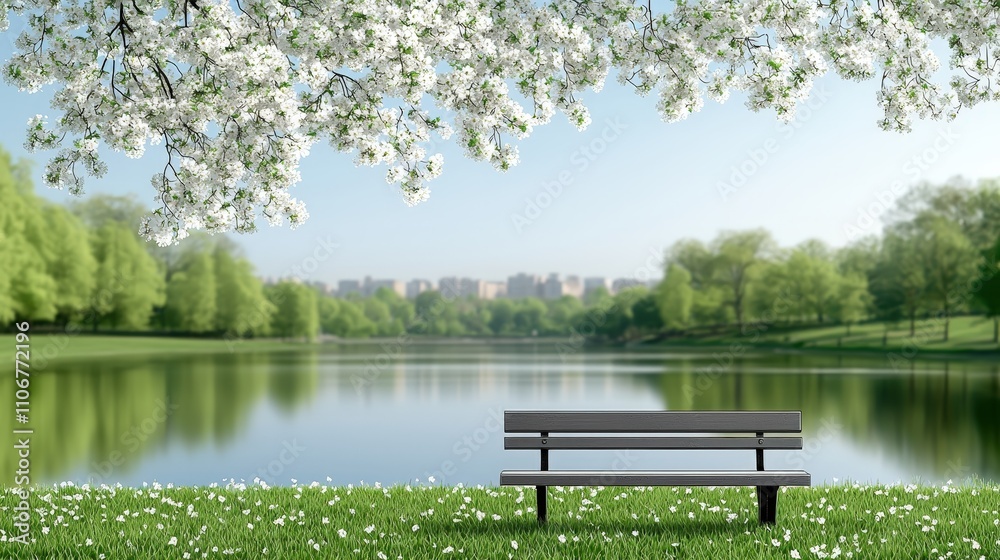 Serene Spring Park Bench by Lake Blooming Trees Peaceful Nature Scene Serene Spring Park Bench by Lake Blooming Trees Peaceful Nature Scene
