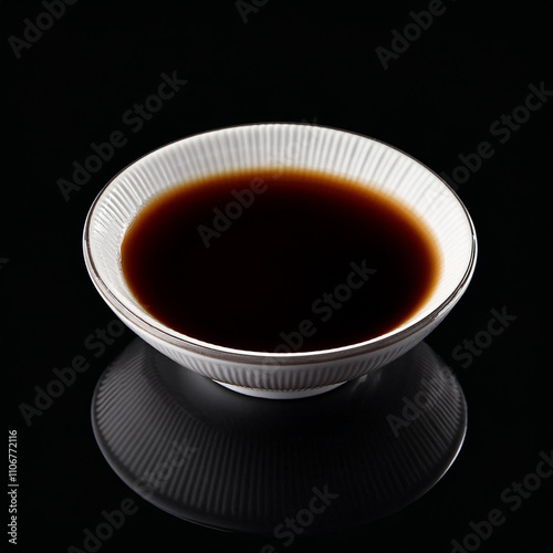 a small bowl of soy sauce isolated on black background photo