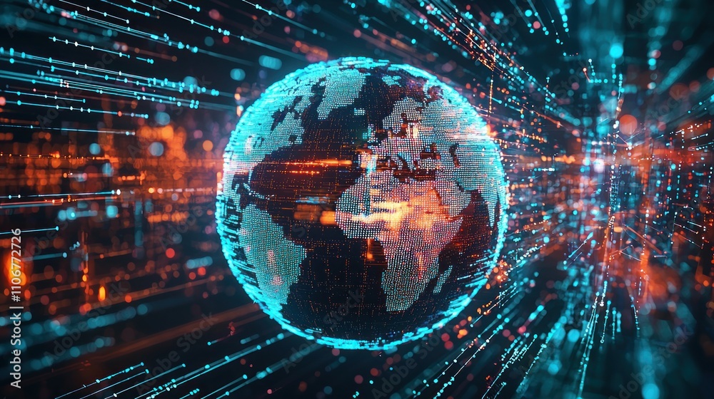 A 3D rendering of a glowing digital globe surrounded by lines of data, symbolizing international communication and technology A 3D rendering of a glowing digital globe surrounded by lines of data, symbolizing international communication and technology