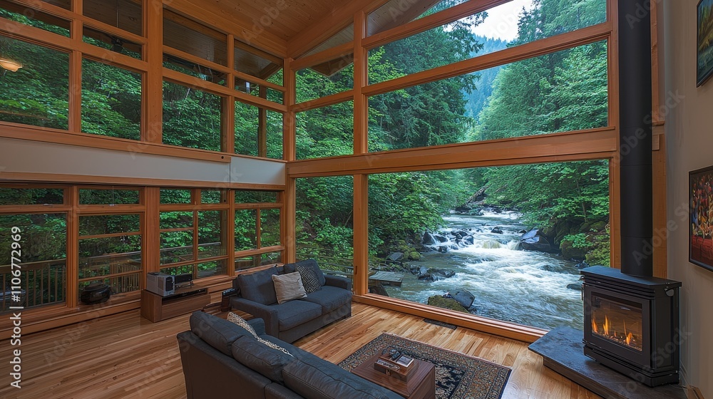 Modern Minimalist Living Room with Fireplace River View Modern Minimalist Living Room with Fireplace River View