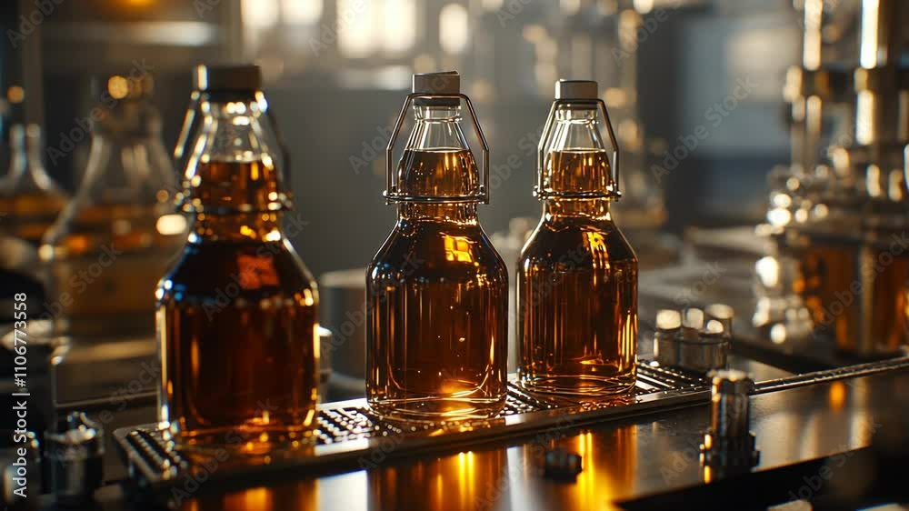 Bottles of amber liquid being processed in a modern distillery during the daytime