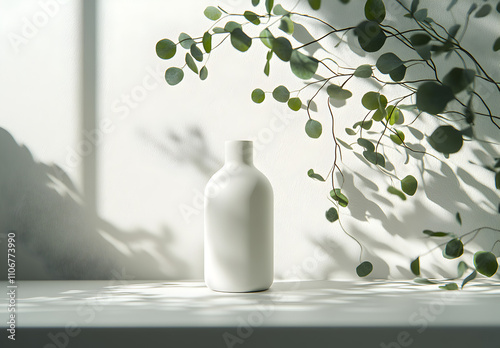 White ceramic bottle mockup on a white table with a green eucalyptus branch.