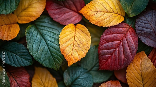 A background with various autumn leaves in shades of green, yellow, and red, arranged to form an abstract pattern, symbolizing the changing seasons and fall colors