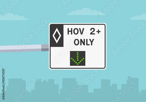 Traffic regulation tips and rules. Close-up view of a "HOV lane open" road sign. Flat vector illustration template.