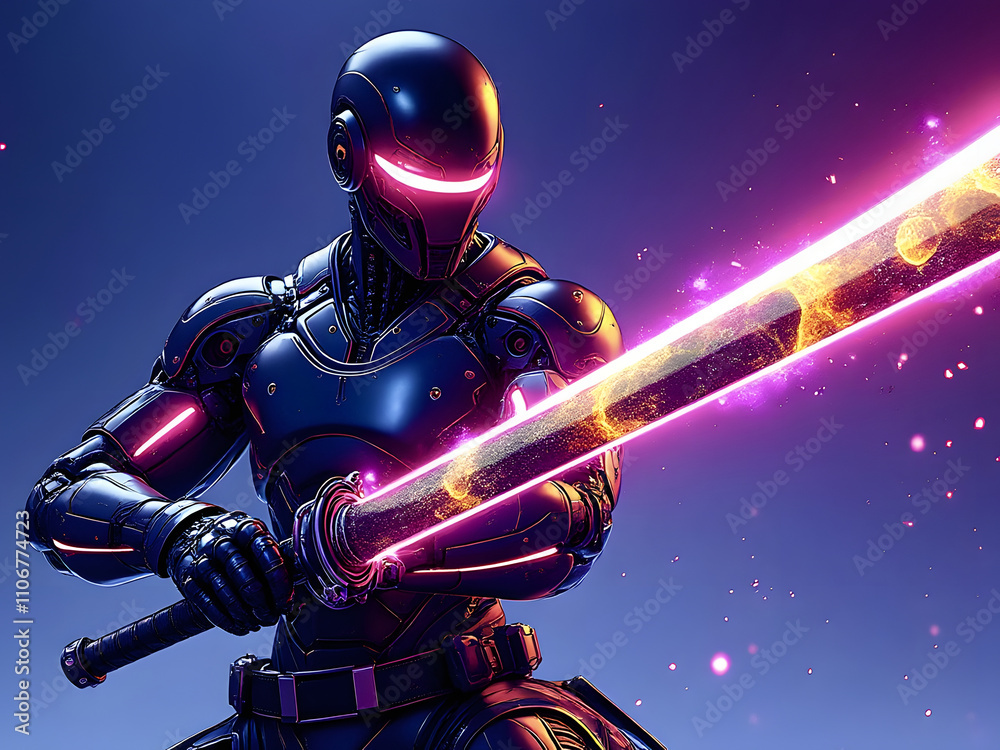 Fototapeta premium Futuristic warrior wielding a glowing sword in a vibrant digital landscape at night