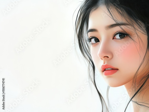 Asian woman in a sleek modern outfit, her reaction shifting from neutral to surprise, isolated on a pure white seamless backdrop