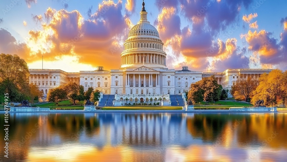 Obraz premium Majestic Sunset View of the United States Capitol Building with Iconic Dome, Lush Lawns, Trees, and Serene Water Reflection - Awe-inspiring Landmark of America