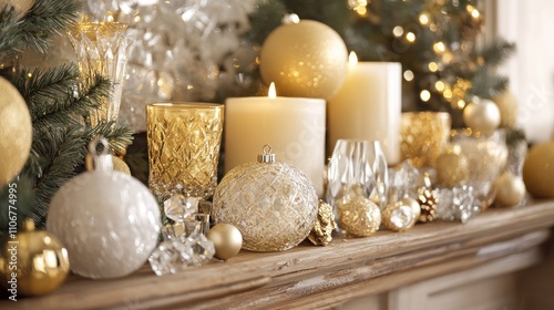 Holiday mantel adorned with gold accents, candles, and crystal decor.