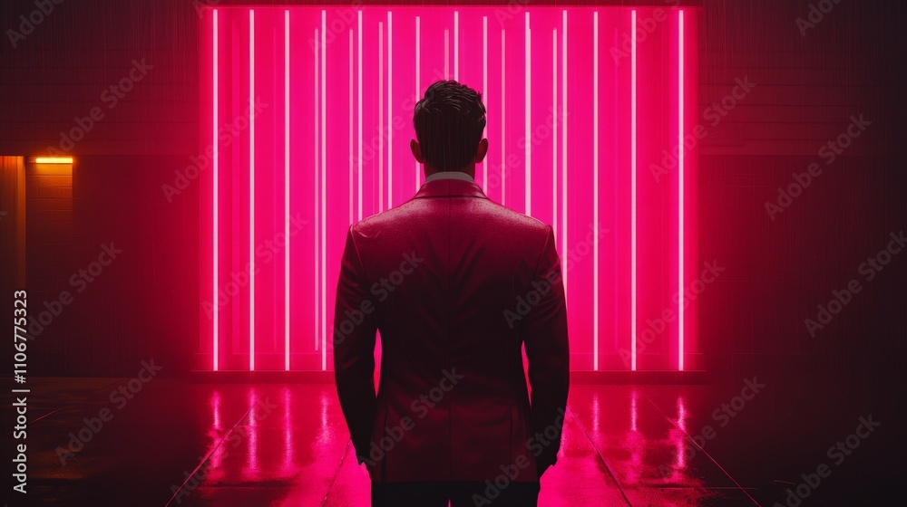 Bold silhouette of a man in front of a vibrant pink neon wall, representing individuality, contemporary aesthetics, and dynamic lighting in a modern urban environment Bold silhouette of a man in front of a vibrant pink neon wall, representing individuality, contemporary aesthetics, and dynamic lighting in a modern urban environment