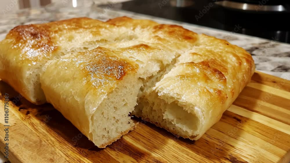 Homemade bread loaf displayed on a wooden cutting board after baking in the kitchen Homemade bread loaf displayed on a wooden cutting board after baking in the kitchen