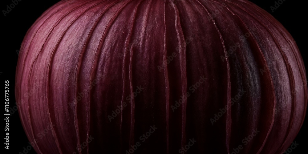 Naklejka premium Detailreiche Nahaufnahme einer violetten Zwiebel mit intensiver Textur vor schwarzem Hintergrund
