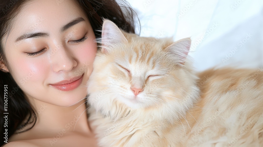 Woman and Cat Peaceful Embrace Soft Sunlight Cozy Home