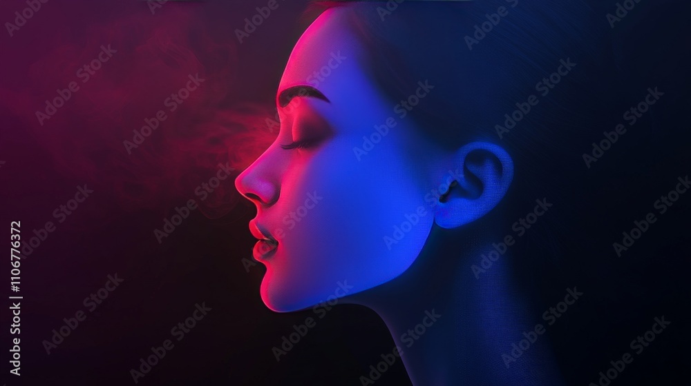Side profile of a woman with neon pink and blue lighting symbolizing modern technology, AI driven creativity, and futuristic human technology interaction Side profile of a woman with neon pink and blue lighting symbolizing modern technology, AI driven creativity, and futuristic human technology interaction