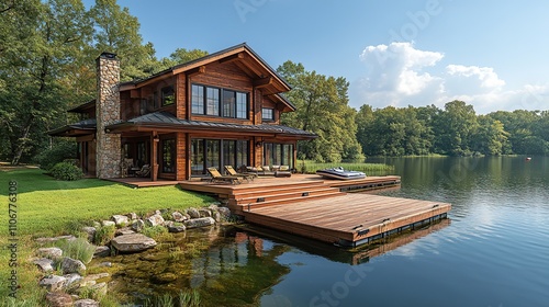 A beautiful lakefront home with a dock and boat sits on a grassy hill overlooking a lake under a sunny sky