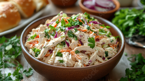 Shredded chicken salad with fresh herbs and vegetables in bowl