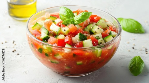 A vibrant bowl of gazpacho with diced cucumbers, tomatoes, and peppers