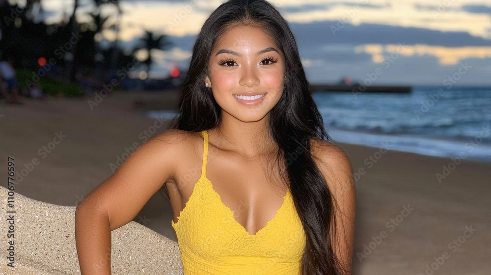 Beautiful Young Woman in Yellow Dress at Sunset Beach Beautiful Young Woman in Yellow Dress at Sunset Beach