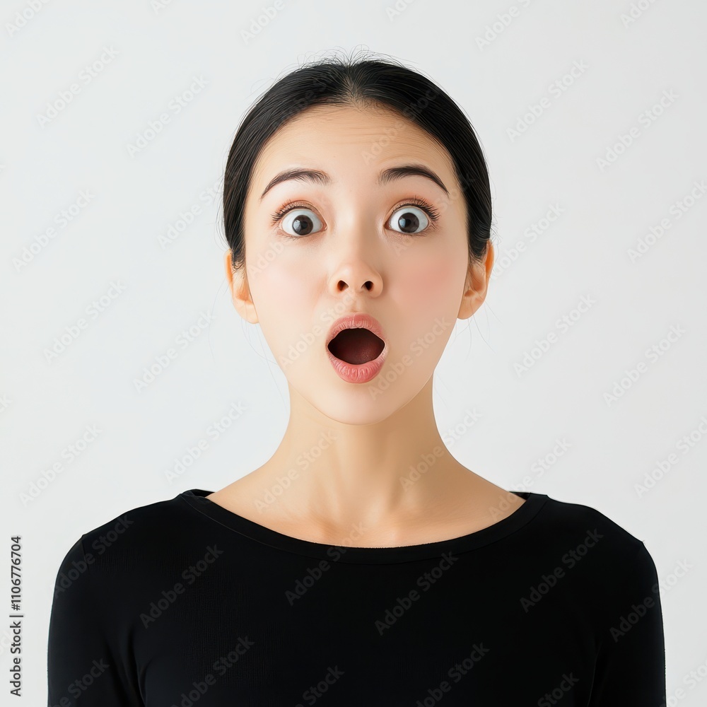 Asian woman s astonished face in perfect symmetry, minimalist white background, emotional authenticity and realism Asian woman s astonished face in perfect symmetry, minimalist white background, emotional authenticity and realism