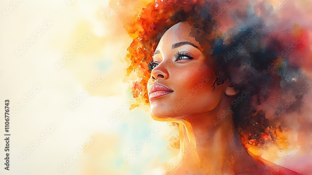 A beautiful watercolor painting of an African American woman gazing forward, with ample copy space for text