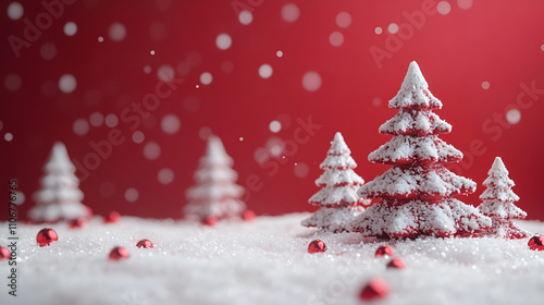 minimal and flat christmas texture, mini christmas trees, red background