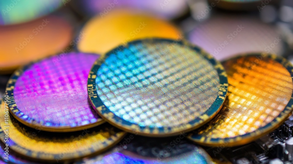 Obraz premium Stack of futuristic silicon wafers with vibrant rainbow light reflections, symbolizing semiconductor fabrication and advanced technology innovation