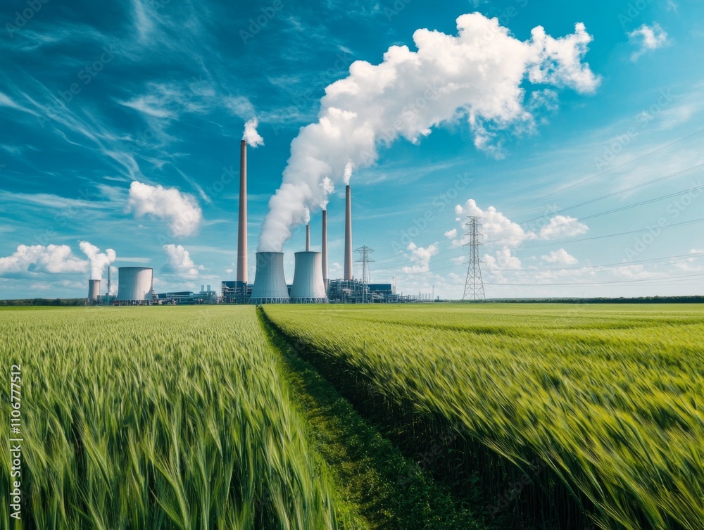 Industrial power generation facility rural landscape photography clear sky wide-angle view environmental impact awareness Industrial power generation facility rural landscape photography clear sky wide-angle view environmental impact awareness