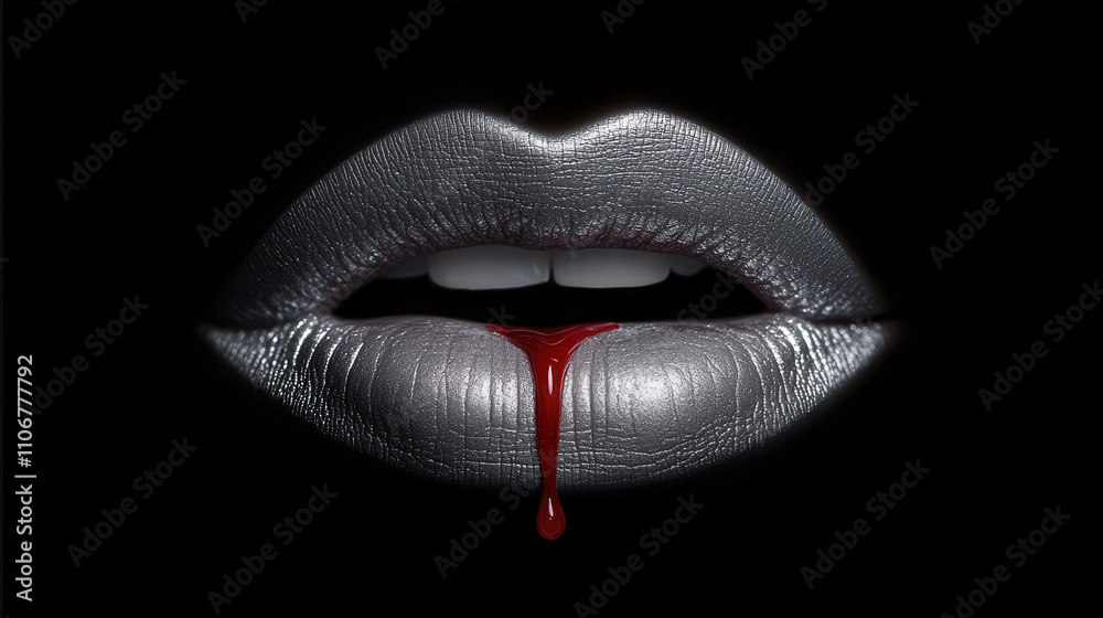 Silver lips with red lipstick dripping create striking contrast against black background, evoking bold and dramatic expression